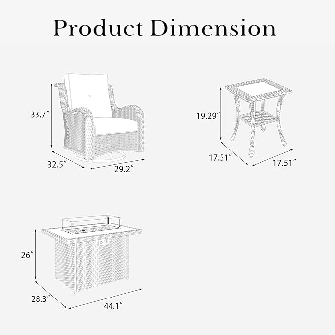 LayinSun 7 Pieces Outdoor Patio Furniture Set with Fire Pit Table, Rattan Wicker Swivel Rocker Chairs Sets with Swivel Glider Chairs and Coffee Table