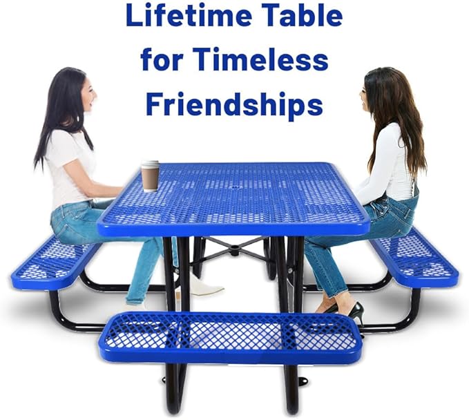 Rueekfil 46" Thermoplastic Picnic Table with Umbrella Hole up to 1.5", Heavy Duty Commercial Picnic Table for Outdoor, Family & Party Ready for School Camping, Square, Blue