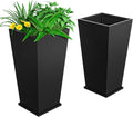 Metal Planter 2 Pack, 15L x 15W x 30H, Heavy Duty Tall Planters for Outdoor Plants, Black Planters with Removable Insert Shelf, Large Planters with Drainage Holes for Porch, Patio, Black