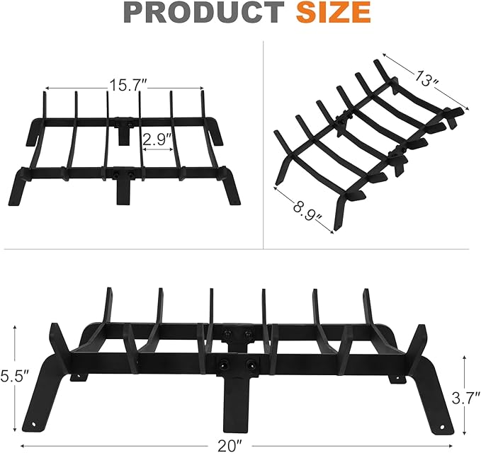Fireplace Grates 20 Inch - Heavy Duty Steel Fireplace Rack | Fireplace Log Holder for Indoor & Outdoor | Fire Place Grate| Fireplace Racks for Inside Fireplace| Large Firewood Grate| Easy Assembly