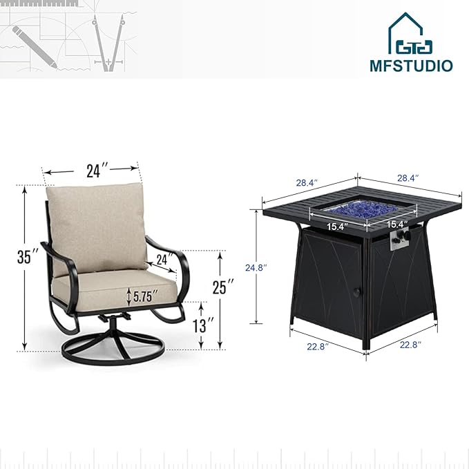 MFSTUDIO 5 Pieces Patio Conversation Sets, Outdoor Metal Furniture Sofas with 1 x 28 50,000 BTU Square Propane Fire Table and 4 x Wrought Iron Frame Swivel Chairs with Beige Cushion