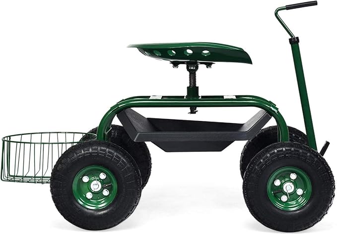 Goplus Rolling Garden Cart with Seat, Outdoor Garden Stool with Wheels, Tool Tray & Basket, Adjustable Steering Handle, 360 Degree Swivel Seat for Planting, Gardening Scooter for Lawn, Yard, Patio