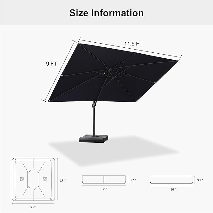 PURPLE LEAF 9' × 11.5' Patio Cantilever Umbrella with Base Outdoor Rectangle Adjustable Offset Umbrellas with 360-degree Rotation and 8 Heavy Duty Metal Ribs for Garden Deck Pool Navy Blue