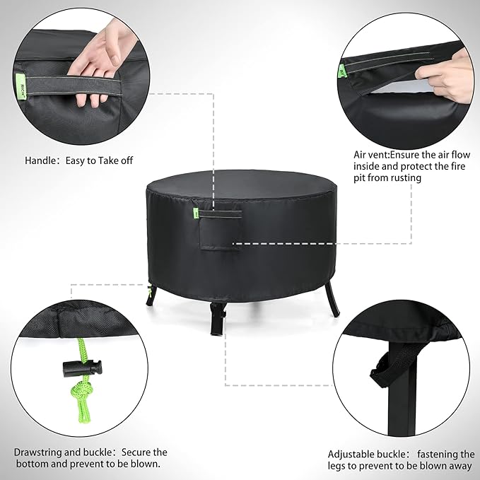 REDRICH Fire Pit Cover Round – Heavy Duty Outdoor Firepit Cover, Full Coverage Patio Outdoor Fireplace Cover, Dustproof Anti UV and Waterproof, 44’’L x 44’’W x 24’’H Black