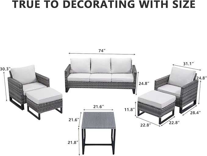 HUMMUH 6 Piece Patio Furniture Outdoor Sectional Sofa Set All-Weather Wicker Outdoor Chairs with End Table Ottomans for Patio,Porch,Garden,Backyard