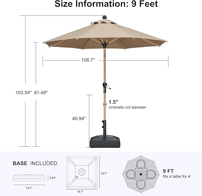 PURPLE LEAF 9 Feet Patio Umbrella with Base Market Umbrella Round Outdoor Umbrella with Push Button Tilt & Crank and 8 Ribs Aluminum Outdoor Table Umbrella for Garden Deck Balcony, Taupe