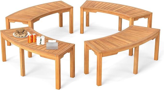 RELAX4LIFE Wooden Outdoor Curved Bench - Acacia Wood Garden Bench w/Slatted Seat, 2-Person Outside Backless Seating for Porch Backyard Deck Park, 800 LBS Load Capacity, Patio Fire Pit Bench (4, 45'')