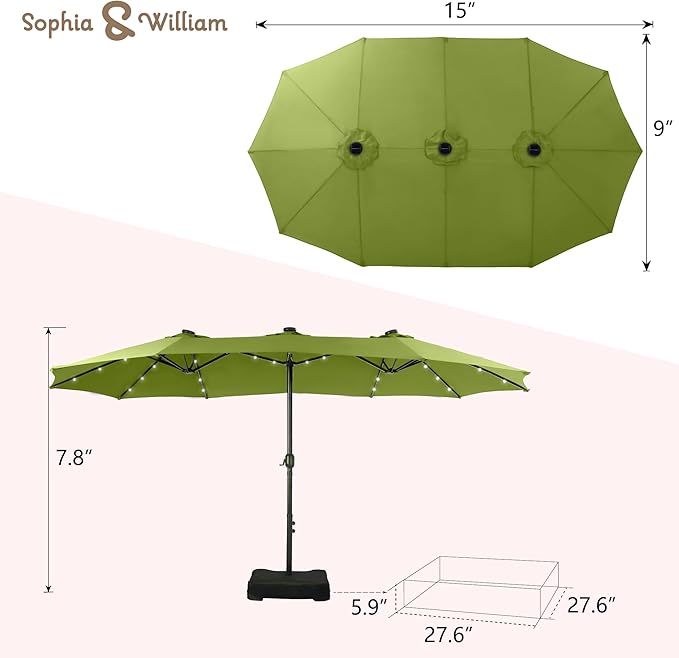 Sophia & William 15 ft Extra Large Patio Umbrella with Solar Lights, Rectangular Outdoor Umbrella with Base Included, Market Umbrella Double-sided Heavy Duty for Pool Garden Backyard, Lime