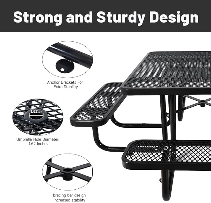 Rueekfil 46" Thermoplastic Picnic Table with Umbrella Hole up to 1.5", Heavy Duty Commercial Picnic Table for Outdoor, Family & Party Ready for School Camping, Square, Black