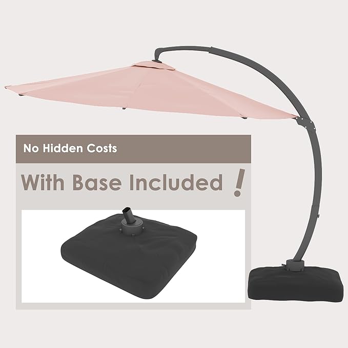 ENSTVER 11FT Cantilever Patio Umbrella With Base Included, Round Large Aluminum Outdoor Cantilever, Heavy Duty Offset Umbrella with 360°Rotation for Pool, Deck, Backyard, Garden(Pink)