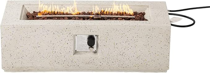 COSIEST Outdoor Propane Fire Pit Coffee Table, 42-inch x 13-inch Terrazzo Rectangle Base Patio Heater w Certified, 50,000 BTU Stainless Steel Burner, Free Lava Rocks and Rain Cover