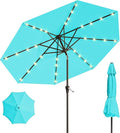 9FT Solar Umbrella 32 LED Lighted Patio Umbrella Table Market Umbrella w/Tilt and Crank, UV-Resistant Outdoor Umbrella for Pool, Garden, Deck, Aqua Blue