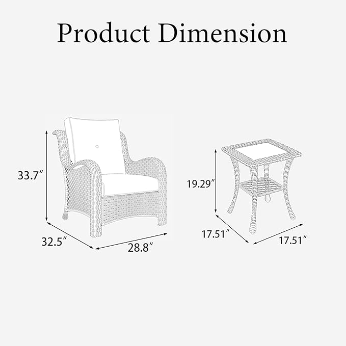LayinSun 3 Pieces Outdoor Patio Furniture Set, Rattan Wicker Chairs Sets with Armchairs and Coffee Table