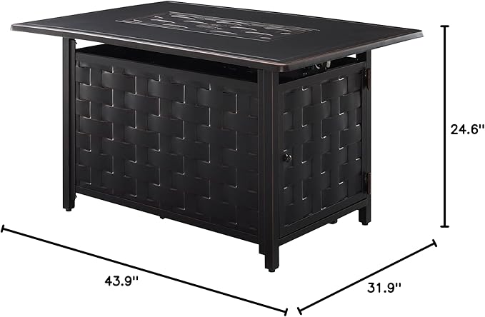 Fire Sense 63700 Preston Basketweave Aluminum Convertible Gas Fire Pit Table 45,000 BTU Multifunctional Outdoor Firepit with Fire Bowl Lid Nylon Cover Clear Fire Glass Bronze Finish - Rectangular 44"