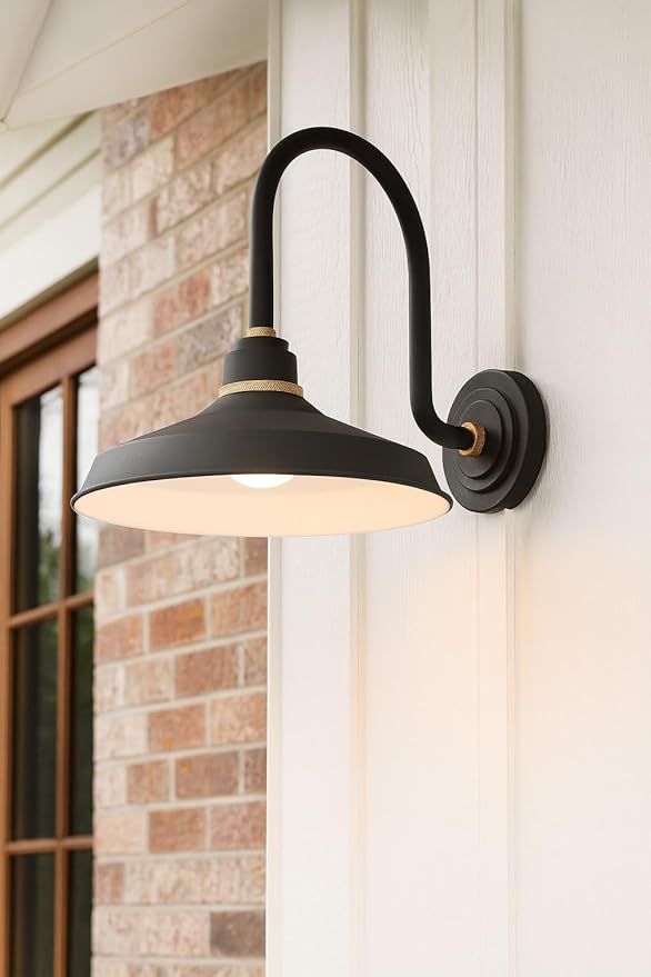 Hinkley Foundry Classic Large Tall Gooseneck Barn Light - Aluminum, Dark Sky Compliant, Industrial, 27" Extension, 16" Shade - Textured Black Finish with Brass Accent