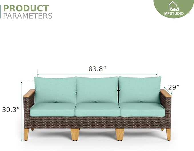 MFSTUDIO 3 Pieces Extra Large Extra Large Wicker Patio Furniture Set, Outdoor Rattan 3-Seater Patio Sofa Set Patio Conversation Couch Set for Garden, Poolside, Backyard(Aqua Blue Cushion)