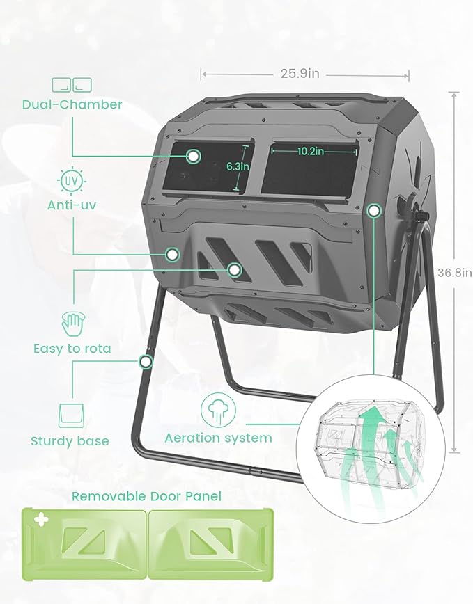 Garden Compost Bin from BPA Free Material, Dual Rotating Outdoor Composting Tumblers (43 Gallon,Green)