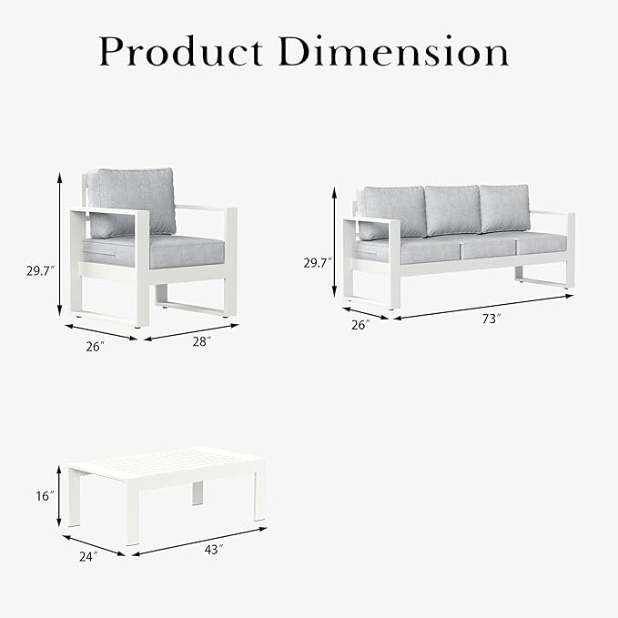 LayinSun 4 Pieces Aluminum Outdoor Patio Furniture Set, Metal Modern Conversation Sofa Set with Coffee Table and Washable Thick Cushions for Porch, Backyard, Deck