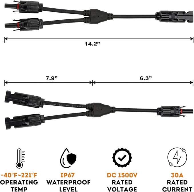 XYRIS Solar Connectors Y Branch Parallel 1 to 2 Adapter Cable Wire Plug Tool Kit for Solar Panel (M/FF+F/MM, 2 Pair)