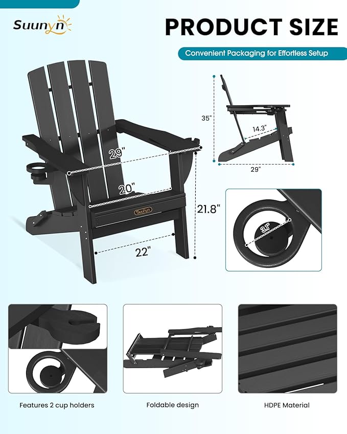 Folding Adirondack Chair, HDPE All-Weather Fire Pit Chairs, Plastic Adirondack Chairs with 2 Cup Holder, Outdoor Lawn Chair for Patio Garden (Black)