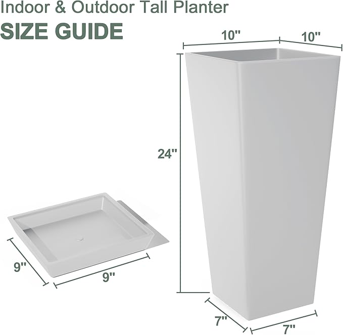 Set of 2 Tall Planters for Outdoor Plants with Drainage Tray, 24" Large Flower Pots for Front Porch Decor, Patio, Garden (White 24")