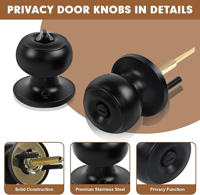 RAZCC Privacy Door Knobs, 1 Pack Matte Black Door Knobs with Lock, Bed and Bath Door Knob Interior Keyless Locksets, Round Door Handles Reversible for Left Right Handed Doors