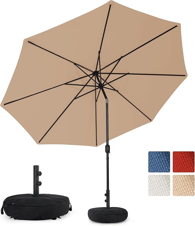 Sundale Outdoor Olefin 5-Year-Non-Fading Patio Umbrella with Sand Bag Umbrella Base, Outdoor Umbrella with Tilt and Crank