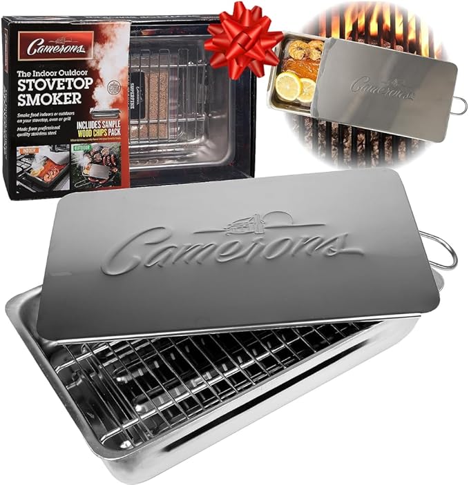 Camerons Indoor Outdoor Stovetop Smoker - Stainless Steel Barbecue Smoker Box w/Oak Wood Chips & Recipes - Works On Any Heat Source, Stovetop or BBQ Grill for Smoking Meats - Grilling Gift for Men