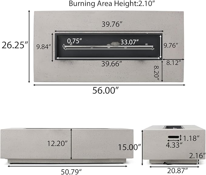 Merax 56" Rectangular MGO Propane Fire Pit Table, 50,000 BTU Outdoor Patio Heater with Modern Concrete Design for Backyard, Deck, Garden (Tank Cover Not Included), Light Grey