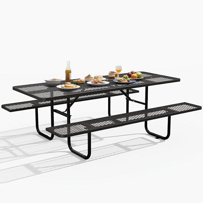KUFUH 72" Coated Round Metal Picnic Table for 4-6 Person, Durable Heavy Duty Commercial Picnic Table with Umbrella Hole for Outdoor Coffee Shop, School, Easy to Install, Black