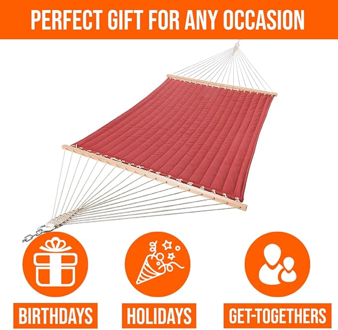 Castaway Living Large Red Quilted Polyester Hammock – 13 ft. x 55 in., 2-Person, 450 lb Capacity, Free Extension Chains & Tree Hooks – Designed for Patio, Yard & Garden Relaxation