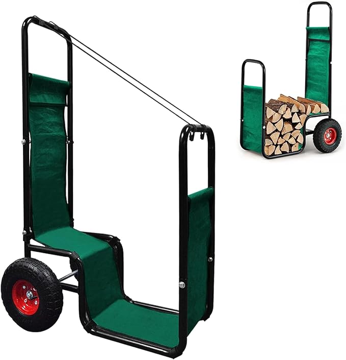 Firewood Cart: 44 X 27 X 20 in Heavy Duty 220 lbs Load Capacity Waterproof Easy Assembly Rack for Indoor Garden Backyard Fireplace Men Women Use with Pneumatic Rubber Wheels