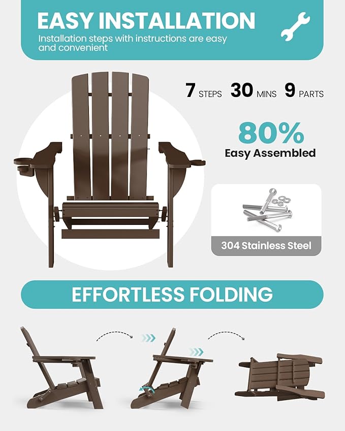 Folding Adirondack Chair 6 Pack, HDPE All-Weather Fire Pit Chairs, Plastic Adirondack Chairs with 2 Cup Holder, Outdoor Lawn Chair for Patio Garden (Brown)