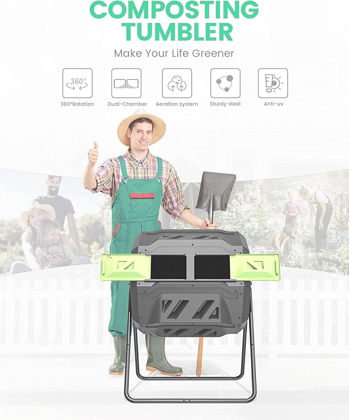 Garden Compost Bin from BPA Free Material, Dual Rotating Outdoor Composting Tumblers (43 Gallon,Green)