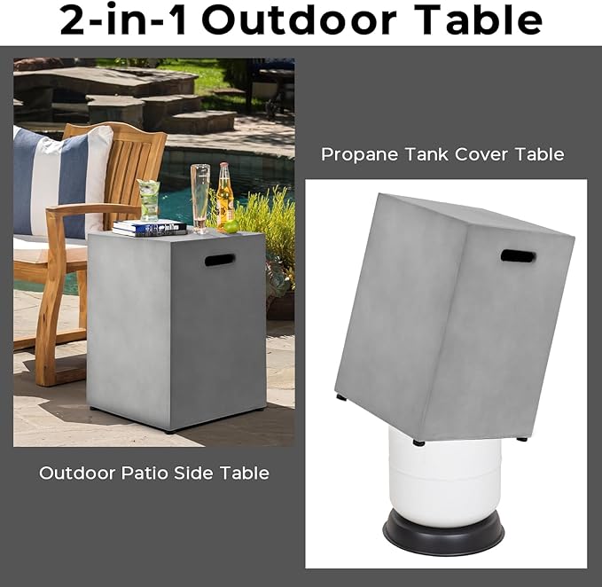 Propane Tank Cover Table Square, Outdoor Tank Covers Propane Storage Box 20 LB Modern Cover Tables with Side Handle, Concrete Hideaway Holder for Patio Backyard Deck(Grey)