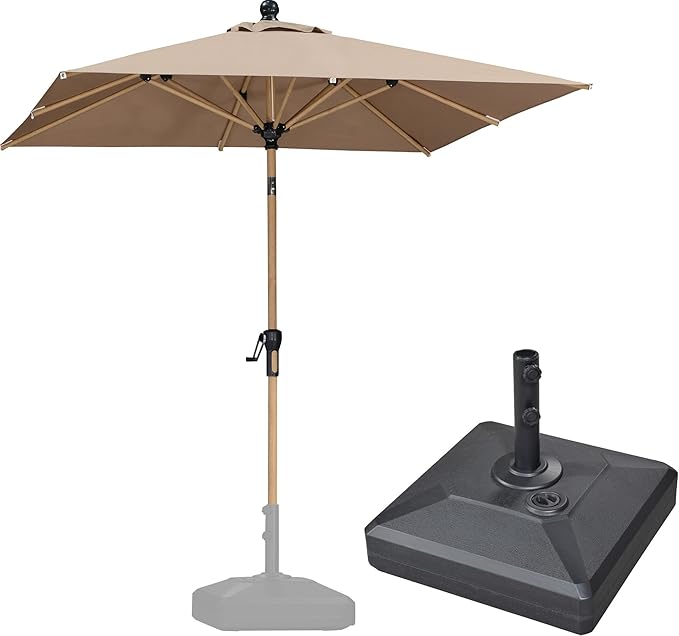 PURPLE LEAF 6.5' x 6.5' Patio Umbrella with Base Square Outdoor Table Umbrella Market Umbrella with Push Button Tilt & Crank and 8 Ribs Aluminum Outdoor Umbrella for Pool Backyard Beach, Taupe