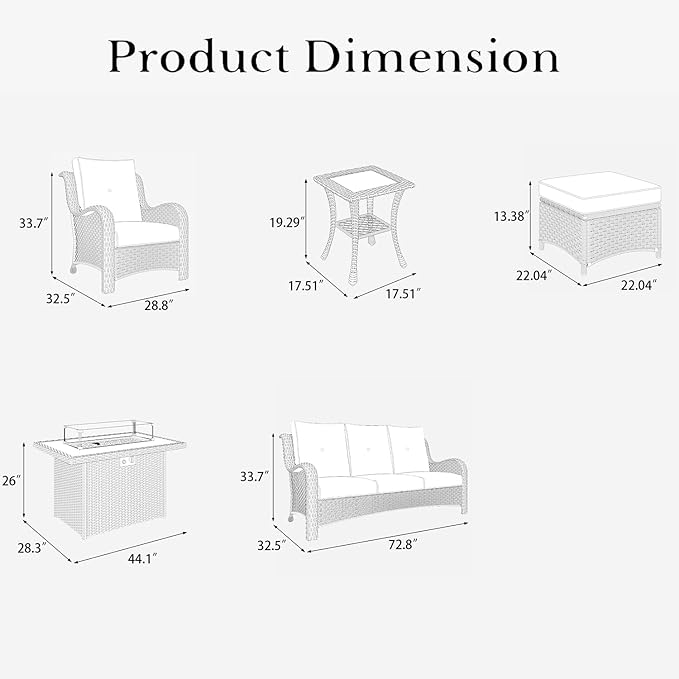 LayinSun 7 Pieces Outdoor Patio Furniture Set with Fire Pit Table, Rattan Wicker Sectional Chairs Sets with Ottomans, Single Chairs and Coffee Table