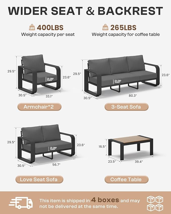 Oasbira Aluminum Outdoor Patio Furniture Set, 5 Piece Oversized Patio Conversation Sets Widened Armrest & Ultra-Thick Cushions, Heavy Duty Modern Sectional Furniture for Backyard, Porch, Graphite