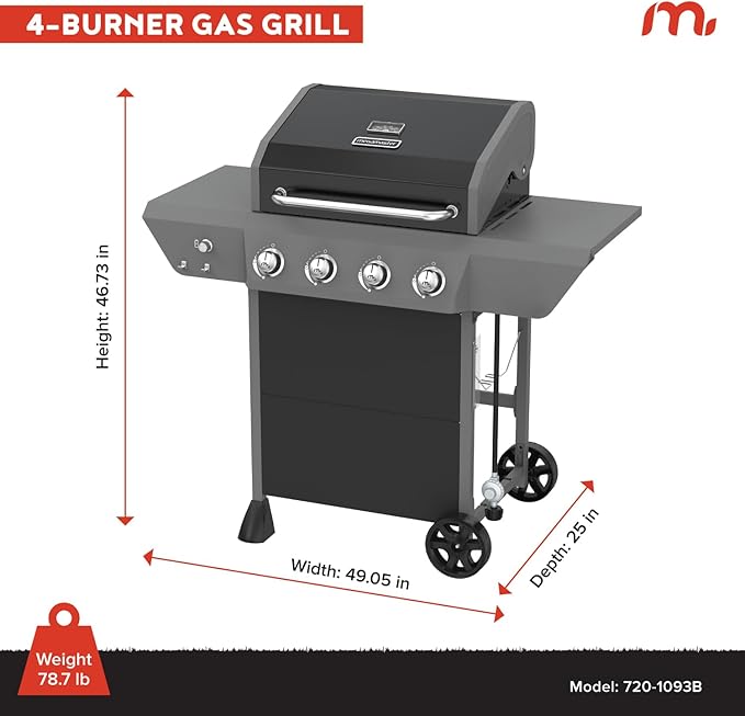 Megamaster 4-Burner Propane Gas Grill with Side Tables & 2 Hooks, 44,000BTUs, 566.92 sq.in Cooking Space, Perfect for Outdoor Cooking & Grilling, BBQs, Backyards, Tailgating, 720-1093B