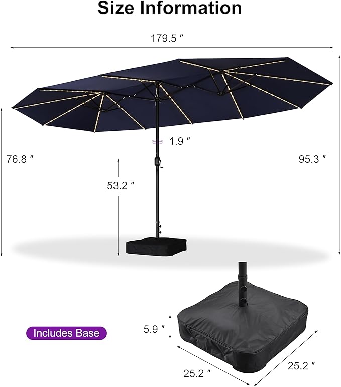 PURPLE LEAF 15ft Patio Market Umbrella with Solar LED and Base Double-Sided Rectangle Outdoor Table Sun Umbrellas with Crank for Pool Beach Deck Backyard Navy Blue