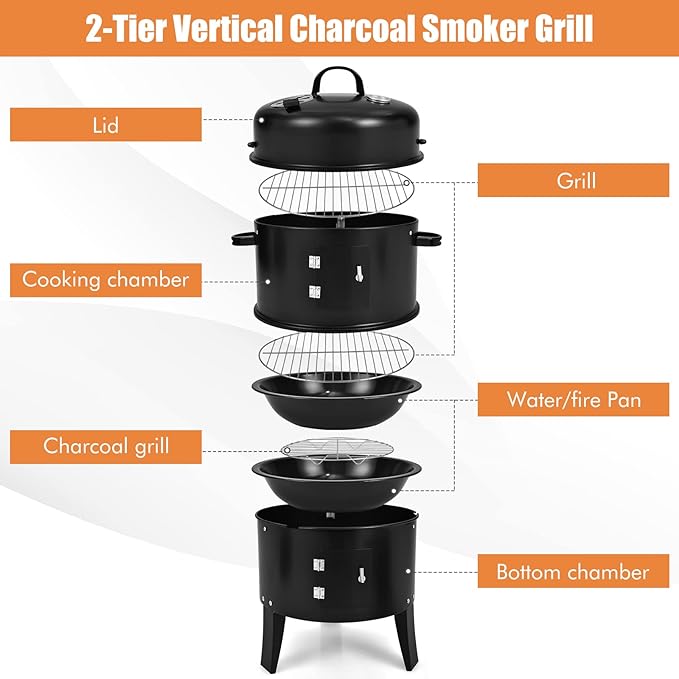 HAPPYGRILL 3-in-1 Charcoal Smoker Grill, Outdoor Vertical Charcoal Smoker with Built-in Thermometer & Adjustable Vent System, 2-Layer Separable BBQ Grills for Camping & Family Cooking