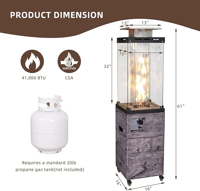 Outdoor Patio Propane Fire Heater with Weather Cover Glass 41000 BTU Fireplace Patented & CSA Certificated, Gray