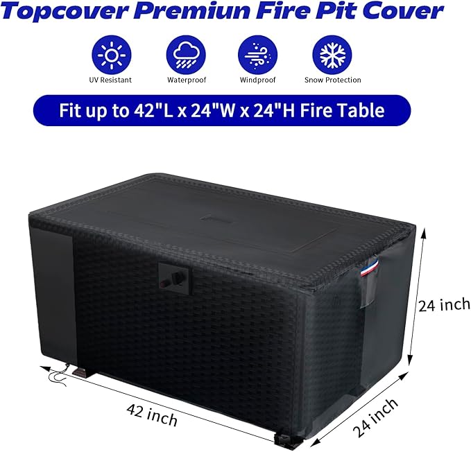 Fire Pit Cover Rectangular,600D Heavy Duty Table Cover Fits for 40-42 Inch Propane Gas Fire Pits and Outdoor Patio Furniture,Waterproof Windproof Rectangle Firepit Cover- 42"L x 24"W x 24"H