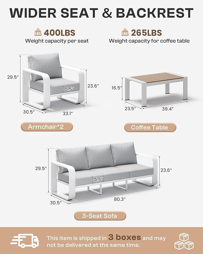 Oasbira Aluminum Outdoor Patio Furniture Set, 4 Piece Oversized Patio Conversation Sets Widened Armrest & Ultra-Thick Cushions, Heavy Duty Modern Sectional Furniture for Backyard, Porch, White