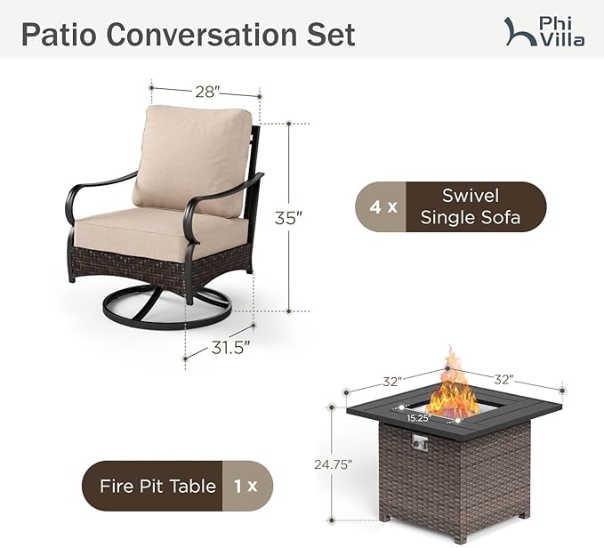 Patio Furniture Set with 32" Fire Pit Table, Patio Conversation Sets 4 Swivel Chairs with Thick Cushion and 50000 BTU Fire Pit Table (5 Pieces,Beige)