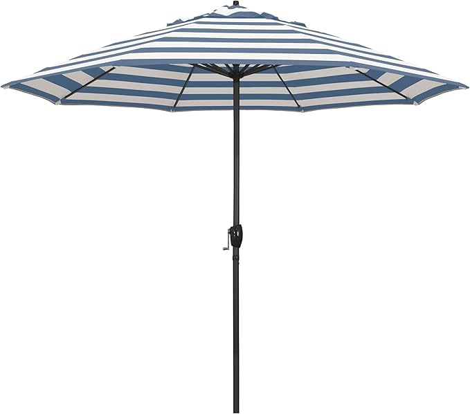 California Umbrella 9' Rd Aluminum Patio Umbrella, Crank Lift, Auto Tilt, Black Finish, Sunbrella Cabana Regatta