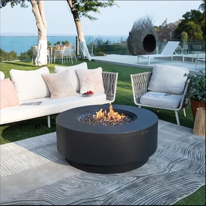 AMS Fireplace | Elementi Plus | Nimes | Round Dark Gray Concrete Natural Gas Fire Table Pit (Natural Gas)
