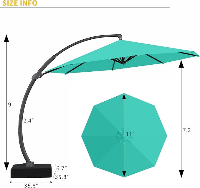 Kingdura 11ft Cantilever Patio Umbrella with Base Included, Large Round Offset Outdoor Pool Umbrella, 360° Rotation & Infinite Tilt, Heavy Duty Aluminum Frame for Deck Backyard, Turquoise Blue