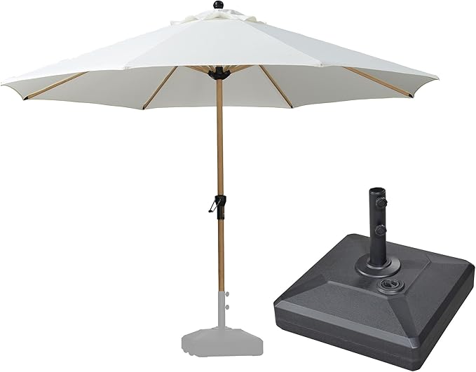 PURPLE LEAF 11 Feet Patio Umbrella with Base Outdoor Umbrella Round Market Umbrella with Crank & 8 Ribs Commercial Aluminum Table Umbrella for Outdoor Garden, Cream
