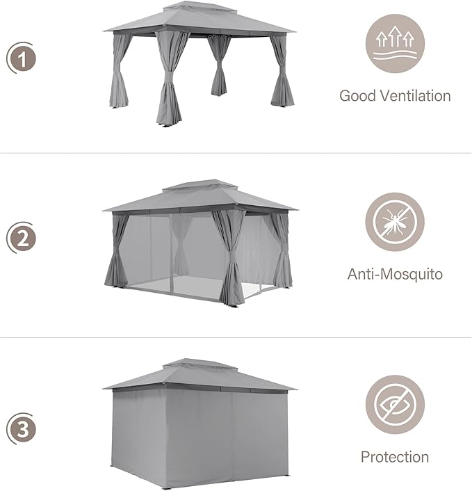 LAUSAINT HOME Outdoor Patio Gazebo 10'x13' with Expansion Bolts, Heavy Duty Party Tent & Shelter with Double Roofs, Mosquito Nettings and Privacy Screens for Backyard (Grey)